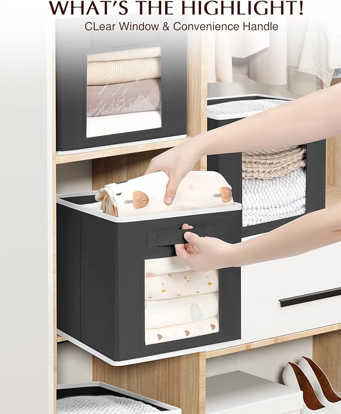 Foldable Storage Cubes - Cubby Storage Organizer with Window, Decorative Baskets for Organizing, Fabric Bins for Clothes Storage, Closet Storage Cubes-11inch, 8 Pack, Black