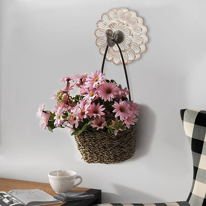 Distress Wood Flower Coat Hooks for Wall Hanging, Single Small Vintage Decorative Hanger for Keys, Bags, Towels (Robe Hanger)