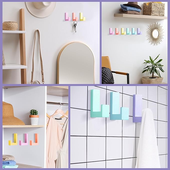 6 Pack Cute Kids Coat Wall Hooks Wooden Adhesive Decorative Colorful Wall Mounted Hangers Backpack Hooks for Hanging Keys Towel Clothes Bathroom Organization(Pastel)
