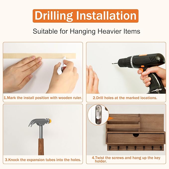 Key and Mail Holder for Wall, Mail Organizer Wall Mount with 6 Hooks and Storage Drawer, Wooden Key Rack Hanger with Shelf for Entryway and Home Decor