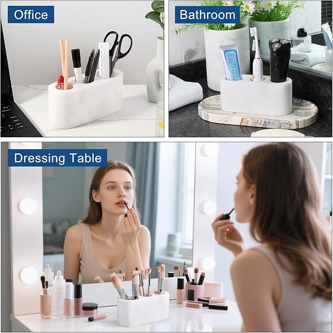 BCS Toothbrush Holder for Bathrooms, 3 Slots Marble Toothbrush Organizer, Makeup Brush Stand Toothbrush Storage Collection for Bathroom Countertop Vanity Organization - White