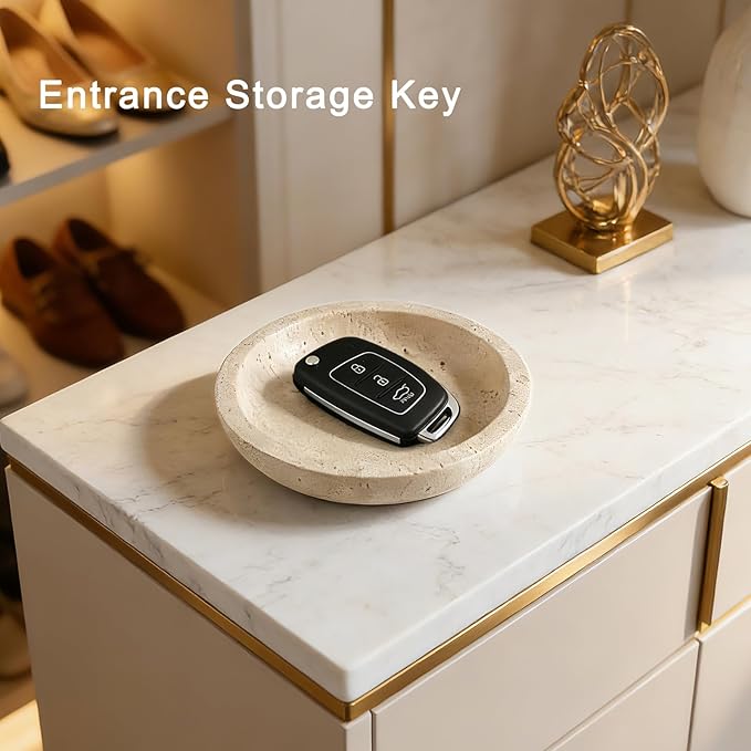 Travertine Jewelry Dish Tray - Decorative Stone Catchall Bowl for Entryway Table, Keys & Rings Holder, Natural Marble Home Decor Organizer (5.5 Inch)