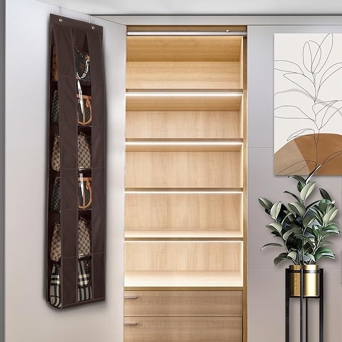 Lirex Over The Door Purse Organizer, Space-Saving Medium and Large Handbag Storage Organizer Clothing Closet Hanger, Dark Brown