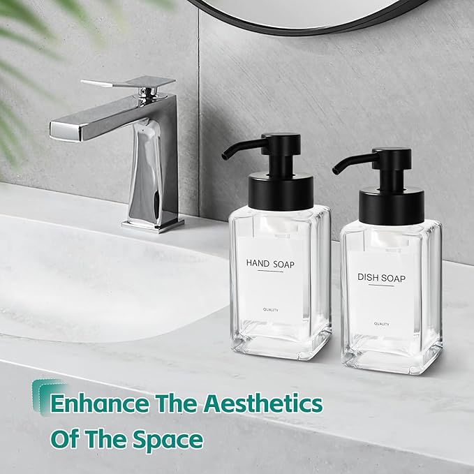 Foaming Soap Dispenser, 12oz/350ml Glass Foaming Hand Soap Dispenser Set, 2Pcs Refillable Foam Soap Dispenser With Foaming Pump, Labels, Square Foam Soap Hand Dispenser For Bathroom, Kitchen