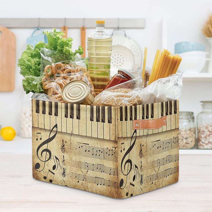 AUUXVA Storage Basket Vintage Music Note Piano Key Storage Cube Box Durable Canvas Collapsible Toy Basket Organizer Bin with Handles for Shelf Closet Bedroom Home Office