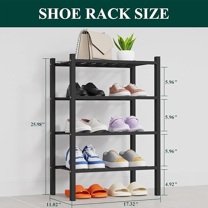 Smiry Shoe Rack, 4 Tier Thick Small Bamboo Shoe Organizer, Stackable Free Standing Wooden Shoe Storage Shelf for Closet, Entryway, Front Door Entrance, Black
