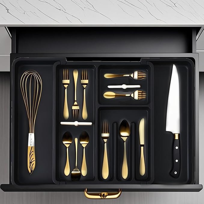 Silverware Organizer, Expandable Cutlery Drawer Organizer Utensil Tray for Home and Kitchen, Upgrade Adjustable Plastic Storage Flatware Holder for Forks, Spoons and Knives Large Black