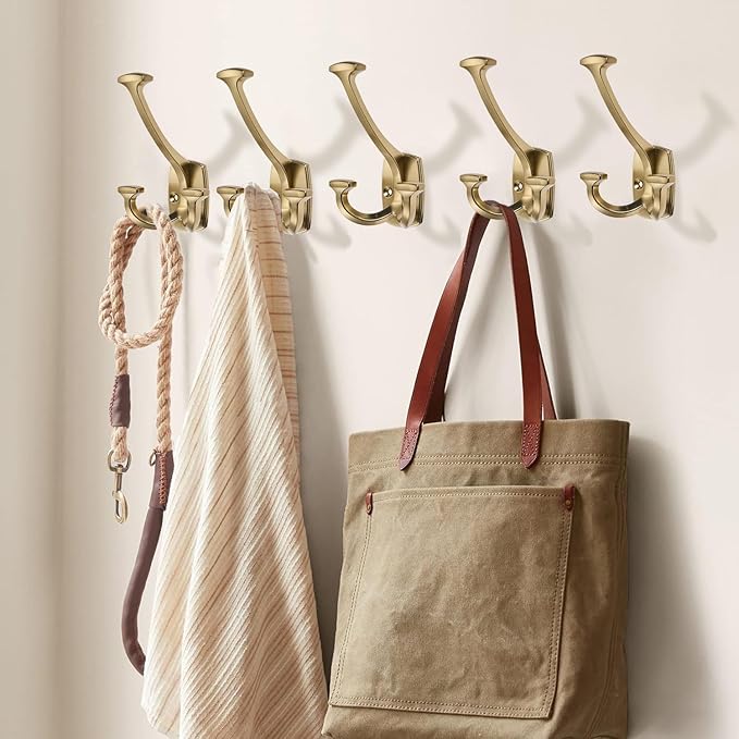 Large Wall Double-Sided Hook 10 Pack Champagne Brozne Hook Decorative Heavy Duty Solid Large Coat Hooks for Towel Hanging Coats Robe Towel Bags Door Back 2 Prong Hooks