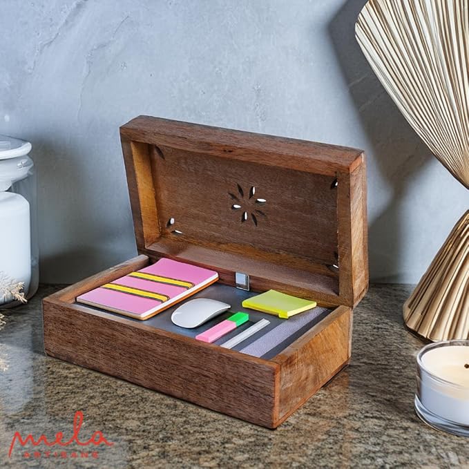 Mela Artisans Decorative Storage Box with Hinged Lid - Light Burnt, Medium | 7.5” x 4.5” x 3”, Rustic Serena Style|Crafted from Mango Wood|Ideal for Keepsakes, Trinkets, Jewelry and Tea Boxs, Book Box