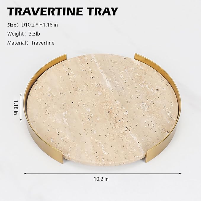 Travertine Tray, Round Marble Vanity Bathroom Countertop Tray, Ceramic Decorative Trays for Coffee Table (M)