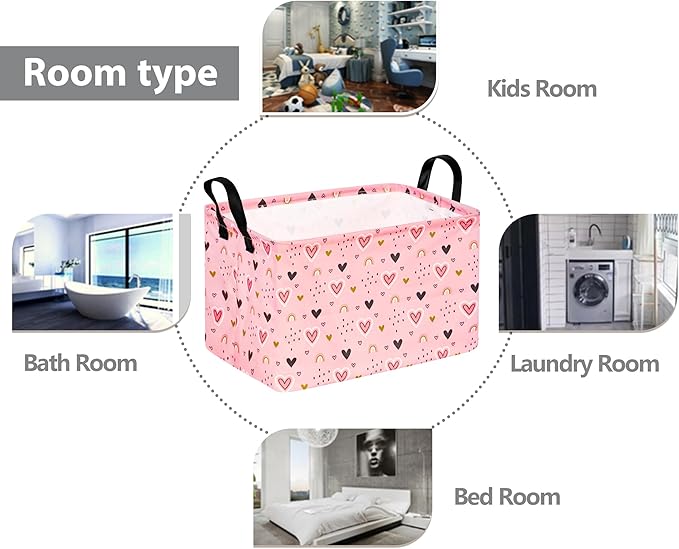 valentines basket Rec Pink Heart Print Box Hamper Storage Basket Collapsible Organizer Bin Gift Shelf Baskets for Home and Kitchen Storage