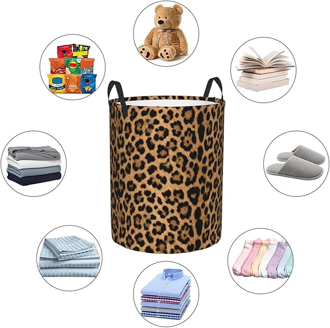 Leopard Cheetah Round Laundry Hamper Wildlife Fur Print Storage Basket Toys Clothes Organizer Bin For Home Bathroom Bedroom Dorm Nursery, 62l