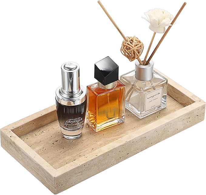 Hipiwe Natural Travertine Tray Vanity Decorative Tray Rectangular Perfume Trays Bathroom Countertop Storage Catchall Trays for Vanity Jewelry Trinket Candles Organizer, 9.8"x4.7"x1.2"