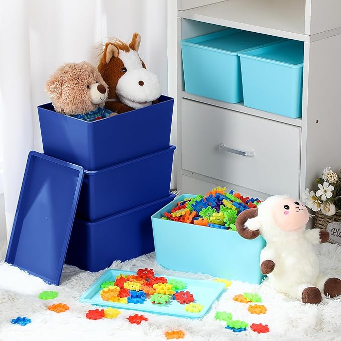 Menkxi 6 Pcs Storage Bins with Lids Small Plastic Storage Containers Stackable Storing Baskets Box Cute Organizer Bins for Organizing Shelves (Blue Series)
