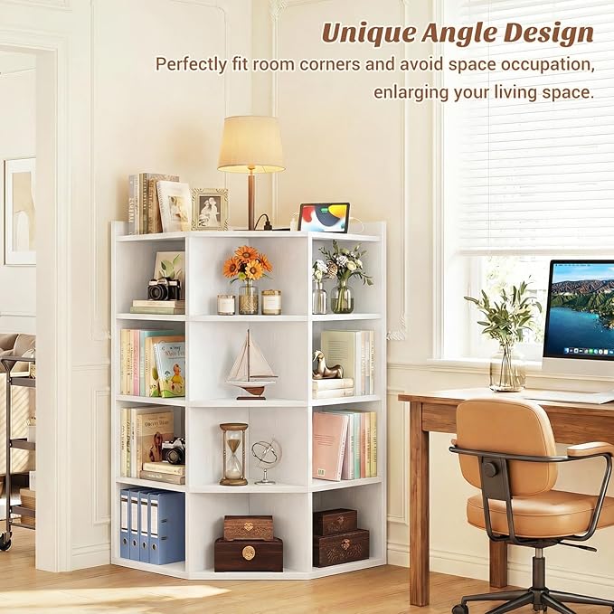Aheaplus Corner Cabinet, 5-Tier Corner Bookshelf with Power Outlets, Corner Cube Storage Shelf with Top Table, Wooden L Cubby Toy Storage with 12 Cubes for Home Office, Bedroom, Living Room, White