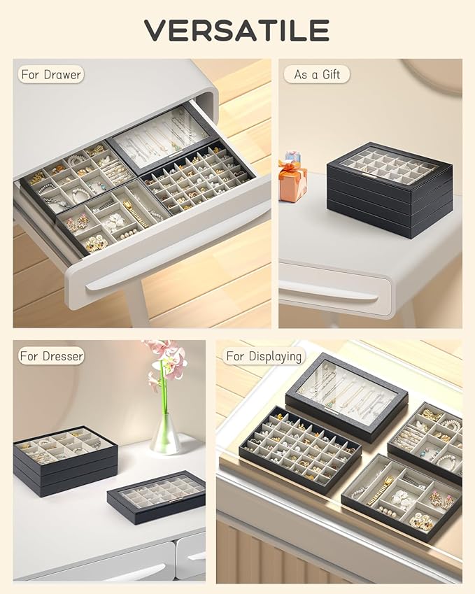 Large Jewelry Organizers and Storage Box, 4 Layers Stackable Jewelry Organizer Trays Clear Lid Cover for Drawers, Jewelry Boxes for Women, Stacker Jewelry Display Case (Black)