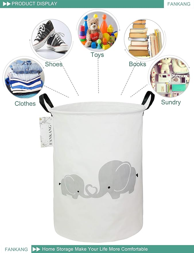 FANKANG Storage Basket, Nursery Hamper Canvas Laundry Basket Foldable with Waterproof PE Coating Large Storage Baskets for Kids Boys and Girls, Office, Bedroom, Clothes,Toysï¼Love Elephantï¼