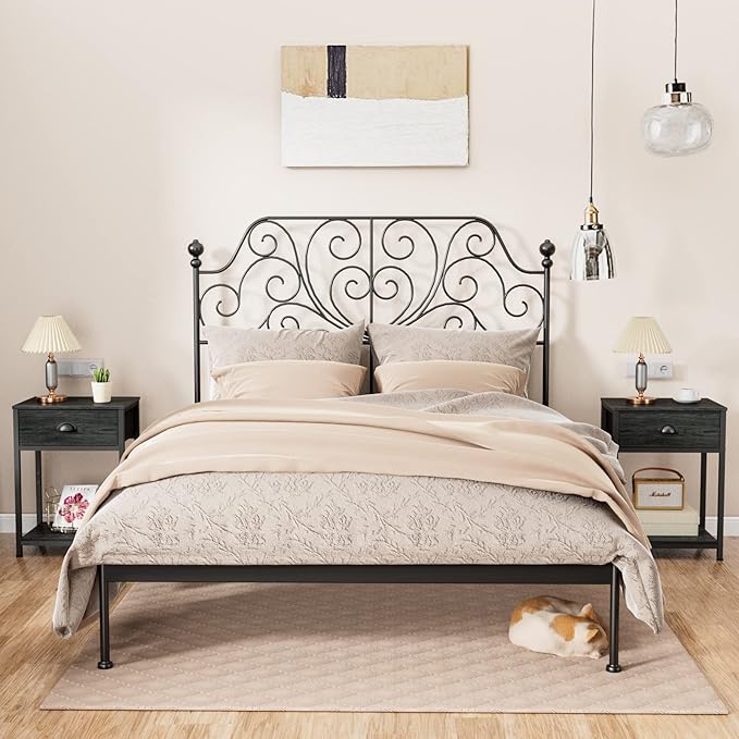 Nightstands Set of 4, Industrial End Table with Fabric Drawer&Storage Shelf, Small Bedside Table Organizer for Small Space, Side Table for Living Room, Tall 23.6" Night Stand for Bedroom, Black Oak