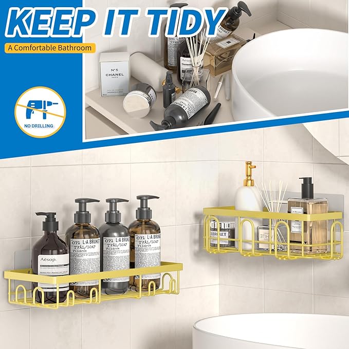 Shower Caddy 9 Pack,Adhesive Organizer for Bathroom Decor Accessories & Kitchen Storage,No Drilling,Large Capacity,Rustproof Stainless Steel Organizer,Home Decor Shelves (Yellow 9 Pack)