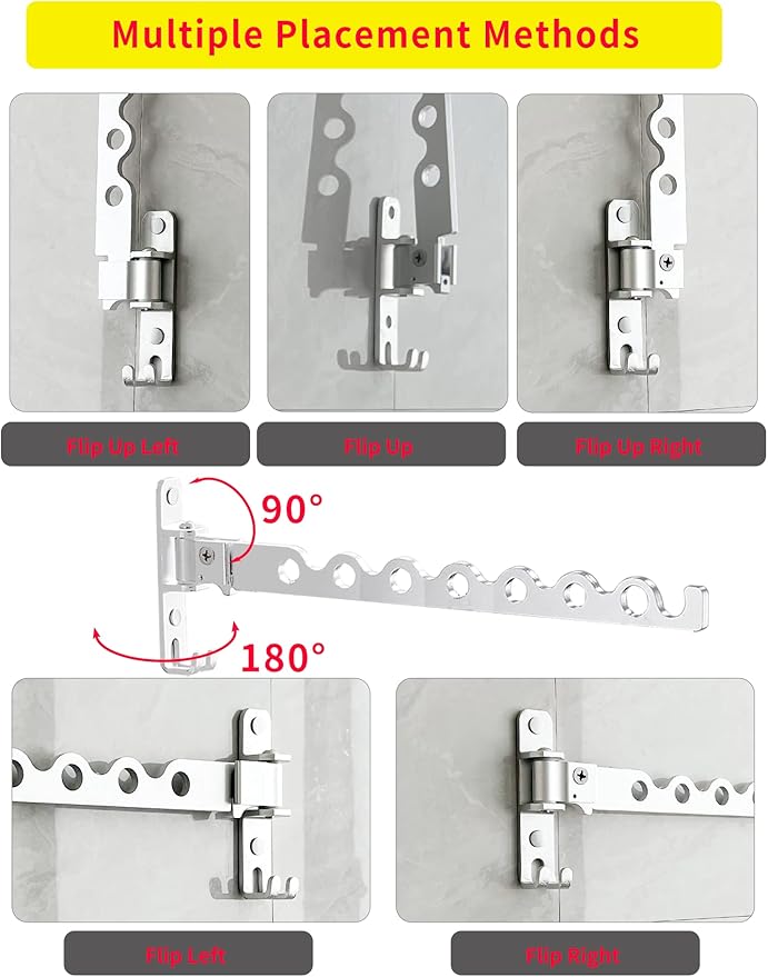 Dr.DJ Wall Mount Coat Hanger Holder Silver Clothes Drying Organizer Rack Garment Hooks Aluminium Retractable Folding Indoor Wall Mounted Hanger Space Saver for Laundry Room Bedroom (2 Racks) Silver