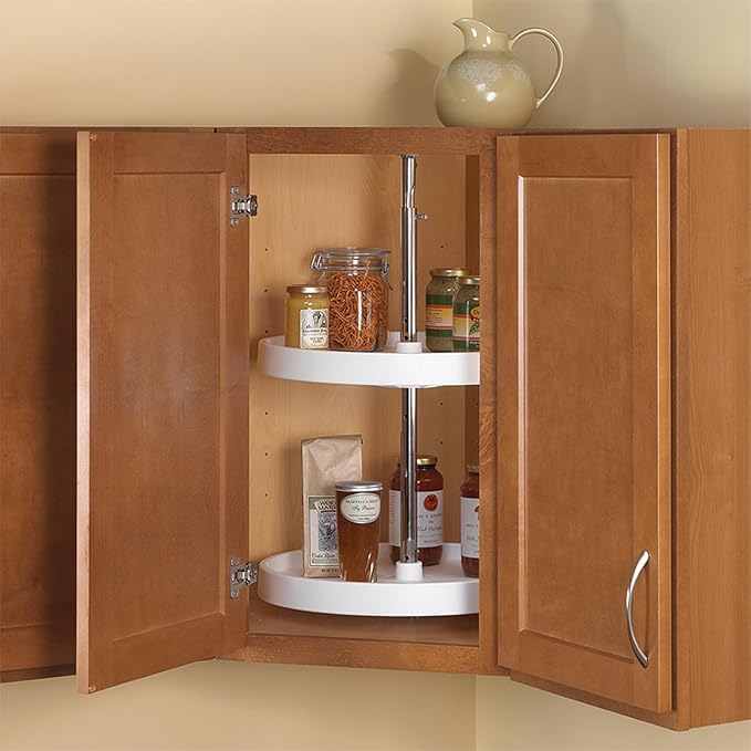Knape & Vogt Lazy Susan Organizer, 2-Tier Cabinet, 18 in. Diameter Full-Round, Adjustable Height From 25-1/2 in. to 31-1/2 in., Polymer, 360 Degree Turntable, White