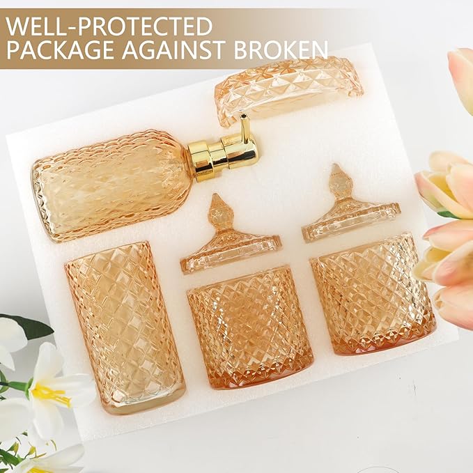 5Pcs Clear Gold Bathroom Accessories Set,Glass Bathroom Accessory Set, Bathroom Counter Sink Toothbrush Holder Set Includes Hand/Lotion Soap Dispenser & Tumbler & Soap Dish & Qtip Holders