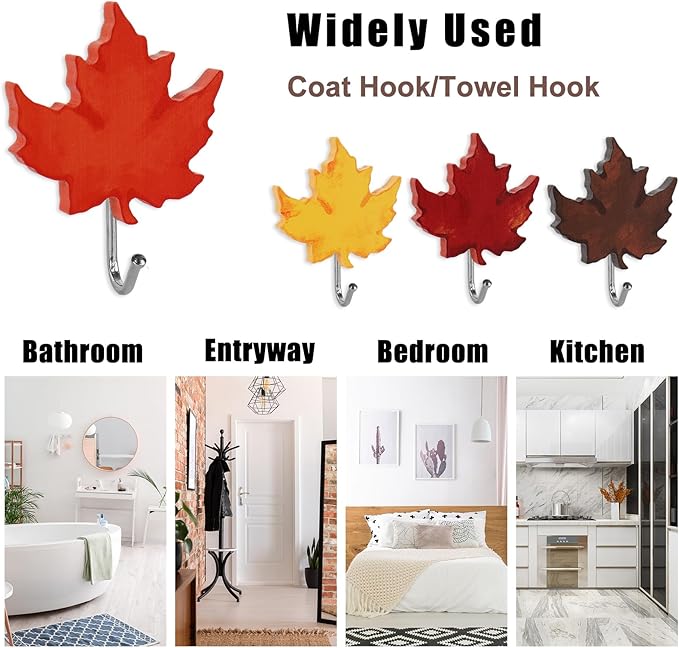 JarThenaAMCS 12Pcs Fall Leaf Hooks Maple Leaf Wood Coat Hook Decorative Towel Hanger Wall Mounted for Autumn Bathroom Bedroom Kitchen Entryway Decor