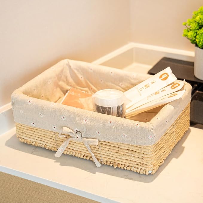 Natural Corn Rope Storage Basket - 11.8" x 8.3" x 4" Woven Organizer Bin - Boho Farmhouse Decor for Bathroom/Nursery/Shelves/Clothes /Shelves/ Closet (Single Piece)