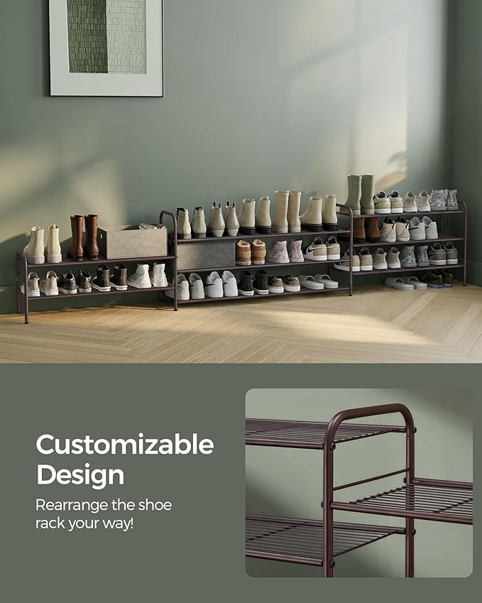 SONGMICS Shoe Rack, 3-Tier Shoe Organizer, Metal Shoe Shelf Storage with 4 Side Hooks, Holds 18 Pairs of Shoes, Height-Adjustable Shoe Rack for Entryway, Hallway, Closet, Chestnut Brown ULMR131A01