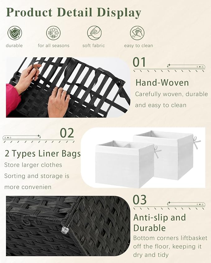 Storage Basket with Lid Wicker Baskets for Storage with 2 Separate Lid 42.3 Gallon (160 L) 29.9 x 17.3 x 18.1 Inches Rattan Woven Large Wicker Basket with 2 Liners for Bedroom Laundry Black