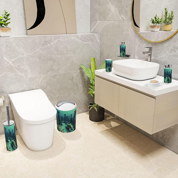 6 Piece Bathroom Accessories Set Surreal Art Ancient Sea Turtle Ruin Trash can Toilet Brush Holder Toothbrush Holder Toothbrush Cup Soap Dispenser Soap Dish for Home