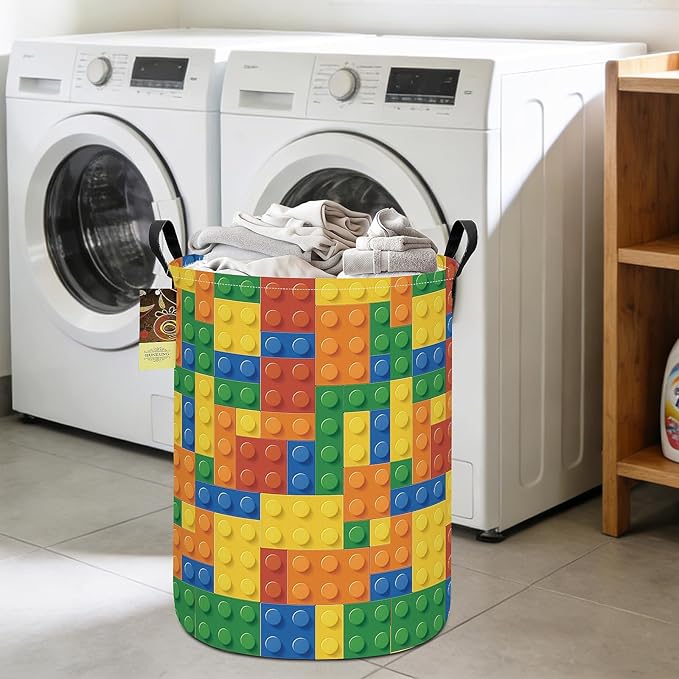 HUNRUNG Laundry Hamper,Large Canvas Fabric Lightweight Storage Basket Toy Organizer Dirty Clothes Collapsible Waterproof for College Dormsï¼Round-Colorful Blocksï¼