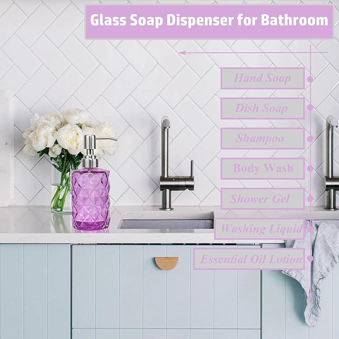 12Oz Purple Soap Dispenser Bathroom - 2 Pack, Clear Glass Hand Soap Dispensers with Stainless Steel Pump, Refillable Dish Soap Dispenser for Kitchen, Countertop Soap Dispensers