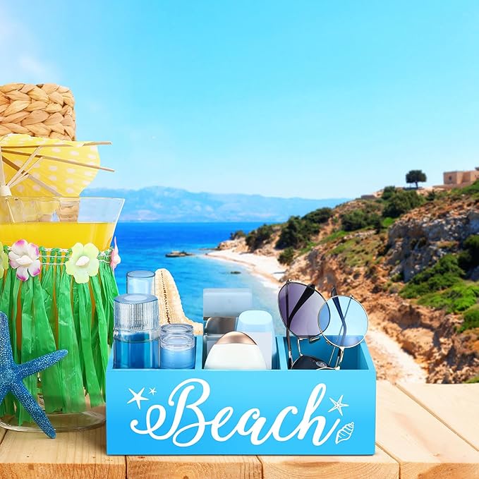 Beach Storage Basket Blue Summer Beach Wooden Box with 3 Compartments Toilet Tank Tray for Indoor Outdoor Swimming Pool Decor Sunblock Sunglasses Pool Toy Storage Box