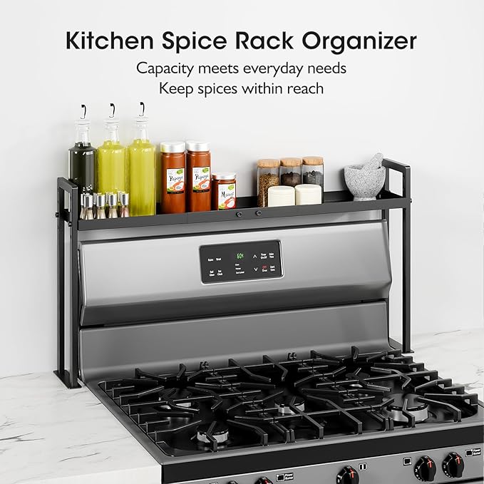 Bumusty Adjustable Stove Top Shelf,Over Shelf for Stove â Expandable 4-Level Spice Rack & Kitchen Organizer, Anti-Slip Metal Construction, 27"â33" Length, 11"â14" Height, Black