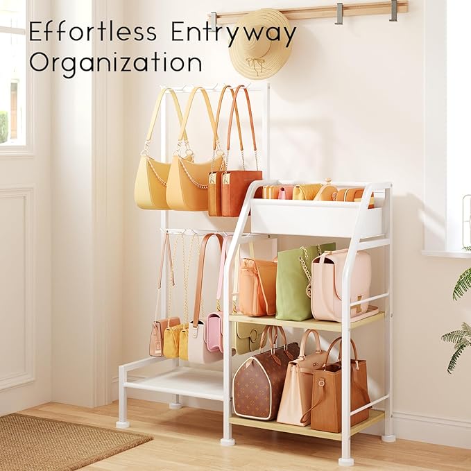 Purse Organizer for Women - 3-Tier Storage Stand & 12 Fixed Hooks, Visible Backpack Storage, Space-Saving Bag Organizer Rack for Home, Closet, White