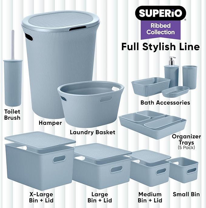 Superio Ribbed Collection - Decorative Plastic Basket Open Home Storage Bins Organizer, Large Blue (6 Pack) Container Boxes for Organizing Closet Storage Bins for Shelves 15 Liter/16 Quart