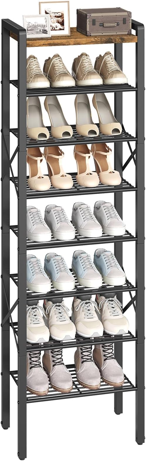 8-Tier Narrow Shoe Rack, Tall Shoe Rack for 8-16 Pairs, Slim Shoe Storage Organizer with Wooden Top, Space Saving, Metal Frame, for Entryway, Rustic Brown and Black SS608BR