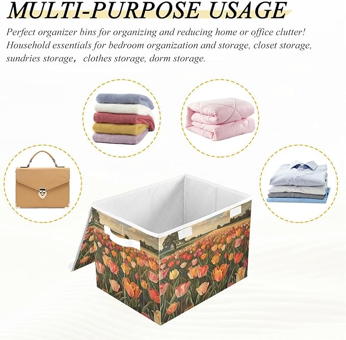 Collapsible Storage Bins with Lids Decorative Fabric Storage Cubes Closet Organizer and Storage Basket Boxes Containers for Clothes Box Chest Nursery Folding Rectangle Tulips Orange
