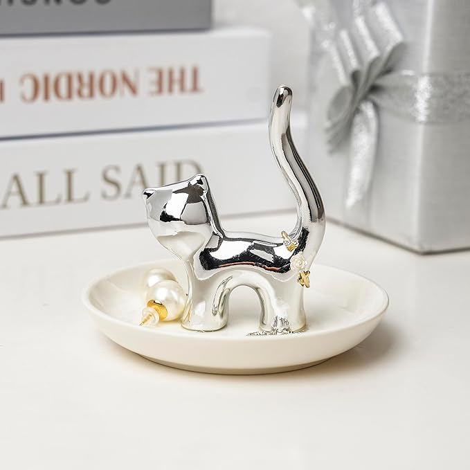 Cat Ring Holder Ceramic Ring Dish, Jewelry Holder Dish Trinket Tray For Rings Earrings Trinkets Organizer, Funny Themed Gifts for Cat Mom, Lovers, Birthday Gifts for Women