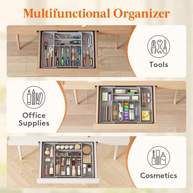 Lifewit Silverware Drawer Organizer, Expandable BPA Free Plastic Utensil Tray for Kitchen, Adjustable Flatware Cutlery Holder for Spoons Forks Knives, 13-22.3 x 16.7", Gray