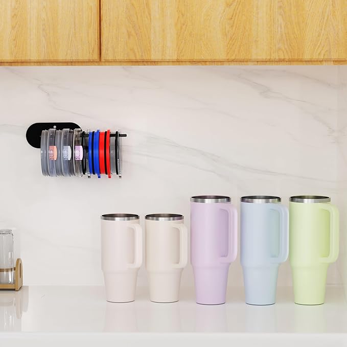 4 Pack Tumbler Lid Organizer, Space Saving Cup Lid Organizer for Yeti/Stanley/Simple Modern Tumbler Lids, Self-Adhesive or Drilling Tumbler Lid Hook for Kitchen Organizers and Storage