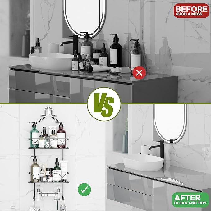 Shower Caddy Hanging Organizer, Over Shower Head Rack Removable Design For Versatile Storage of Bottles and Accessories With Suction Cup Hooks Black Coated