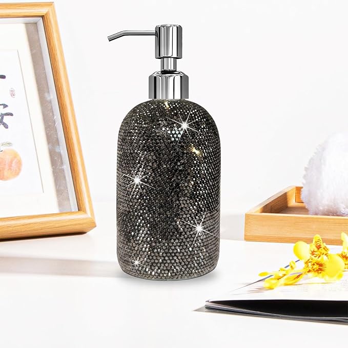 SlowVibes 18Oz Bling Black Soap Dispenser with Rust Proof Stainless Steel Pump,Refillable Liquid Hand Wash Bottle for Bathroom Kitchen,Sparkle Decorative Shower Dispenser,Rhinestone Lotion Dispenser