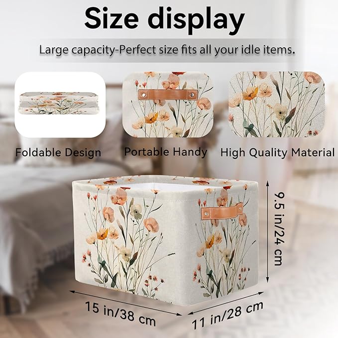 Floral Large Fabric Storage Basket for Shelves Organizing, Rectangular Closet Organizer with Handles, Wildflower Botanical Plant Decorative Foldable Closet Storage Basket