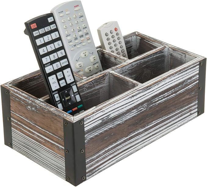 MyGift Remote Control Holder with 5-Compartment, Media Storage Organizer Remote Caddy with Black Metal Corner Wraps, for Table, Desk, Rustic Torched Wood
