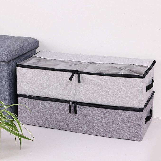 AARAINBOW Foldable Under Bed Clothes Organizer with Lid, Underbed Storage Container with Adjustable Dividers, Clear Window, Gray