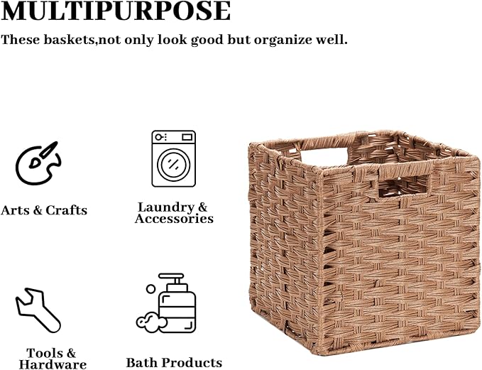DULLEMELO Wicker Storage Cubes - Foldable Wicker Baskets Set of 4, 11x11x11 inch for Organizing Closet, Clothes, Toys - Brown