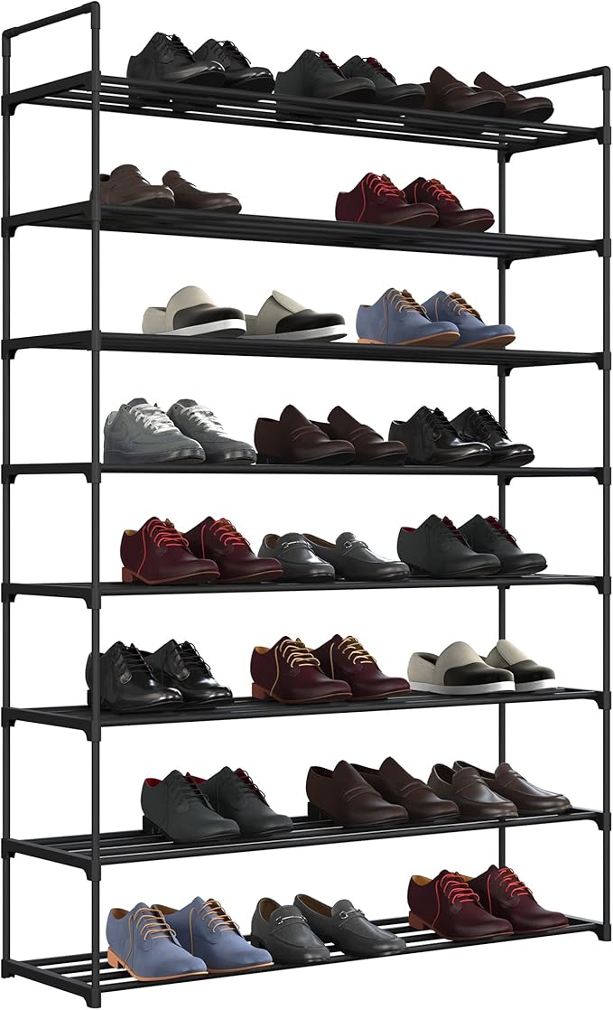 Shoe Rack - 8-Tier Shoe Organizer for Closet, Bathroom, Entryway - Shelf Holds 40 Pairs Sneakers, Heels, Boots by Home-Complete (Black)