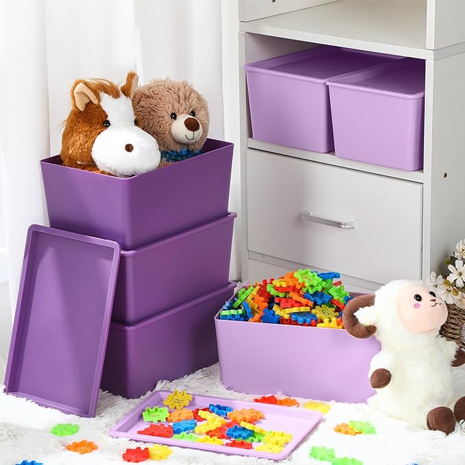 Menkxi 6 Pcs Storage Bins with Lids Small Plastic Storage Containers Stackable Storing Baskets Box Cute Organizer Bins for Organizing Shelves (Purple Series)